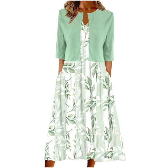 Ecqkame Women's Summer Dress Printed V-Neck Elegant Casual Long Dress with Half Sleeve Cardigan Tops Two-Piece Set Suit Green-A M