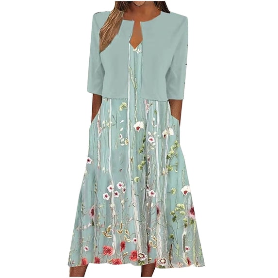 Ecqkame Women's Summer Dress Printed V-Neck Elegant Casual Long Dress with Half Sleeve Cardigan Tops Two-Piece Set Suit Green-B XXL