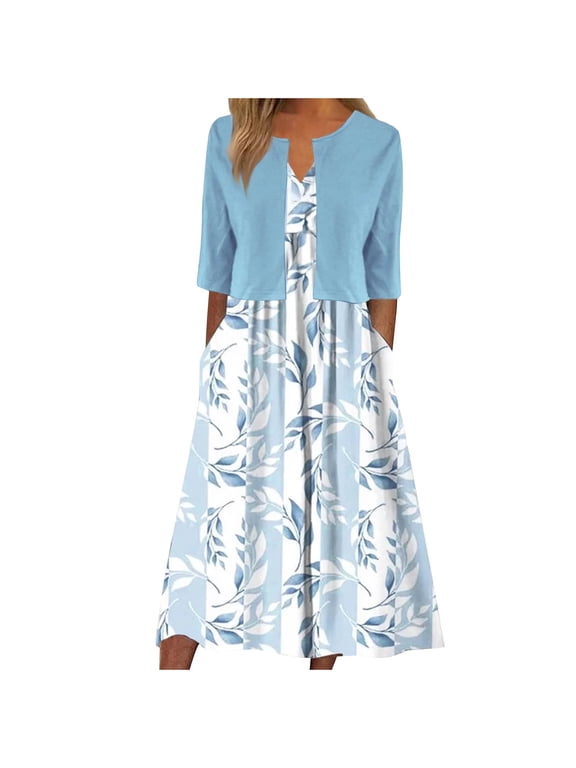 Women's Summer Dress Printed V-Neck Elegant Casual Long Dress with Half Sleeve Cardigan Tops Two-Piece Set Suit Light Blue XXL