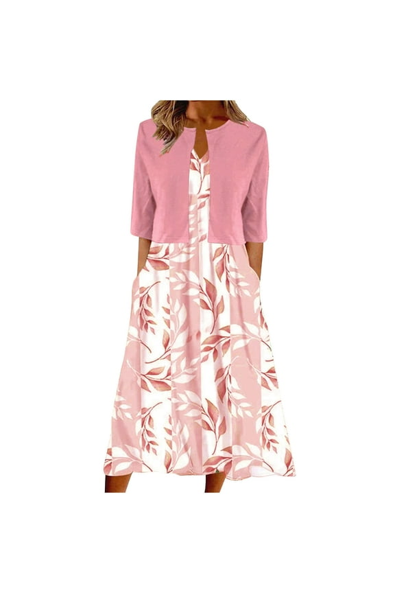 Women's Summer Dress Printed V-Neck Elegant Casual Long Dress with Half Sleeve Cardigan Tops Two-Piece Set Suit Pink S