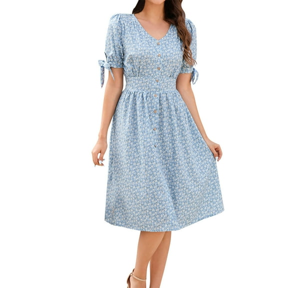 Ecqkame Women's Summer Floral Print Dress Casual V Neck Short Sleeve Beach Dresses Tummy Sexy Control Vacation Dresses with Pocket Blue S