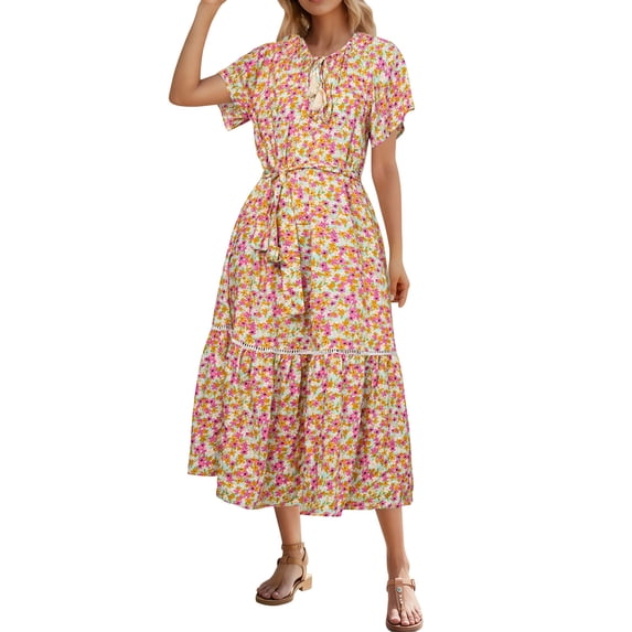 Ecqkame Women's Summer Floral Print Dress Casual V Neck Short Sleeve Beach Dresses Tummy Sexy Control Vacation Dresses with Pocket Pink L