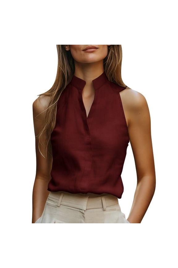 Women's Summer Linen Tank Tops Dressy Business Casual Blouses Lightweight Sleeveless Work Daily Shirts Wine S