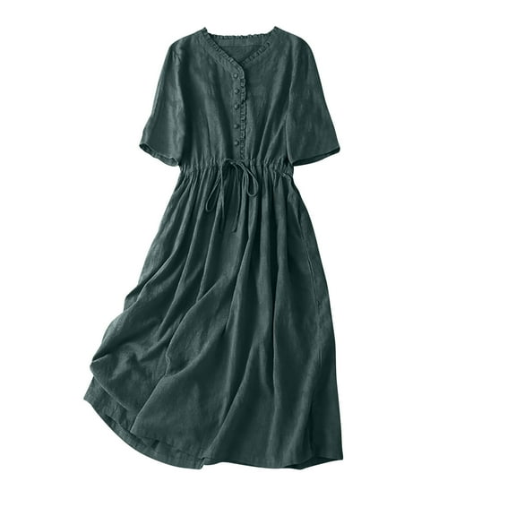 Ecqkame Women's Summer Midi Dress 2025 Casual Half Sleeve V Neck Buttons Ruffle A Line Flowy Dress with Pockets Green L