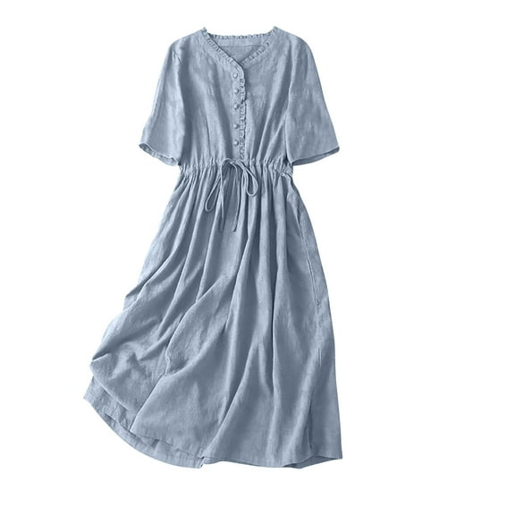 Ecqkame Women's Summer Midi Dress 2025 Casual Half Sleeve V Neck Buttons Ruffle A Line Flowy Dress with Pockets Light Blue L