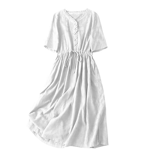 Ecqkame Women's Summer Midi Dress 2025 Casual Half Sleeve V Neck Buttons Ruffle A Line Flowy Dress with Pockets White XL