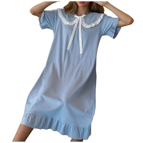 Ecqkame Women's Summer Nightgown Solid Color Cute Doll Collar Bow Short Sleeve Nightdress Elegant Tie Comfy Home Clothes 03-Blue XXXL