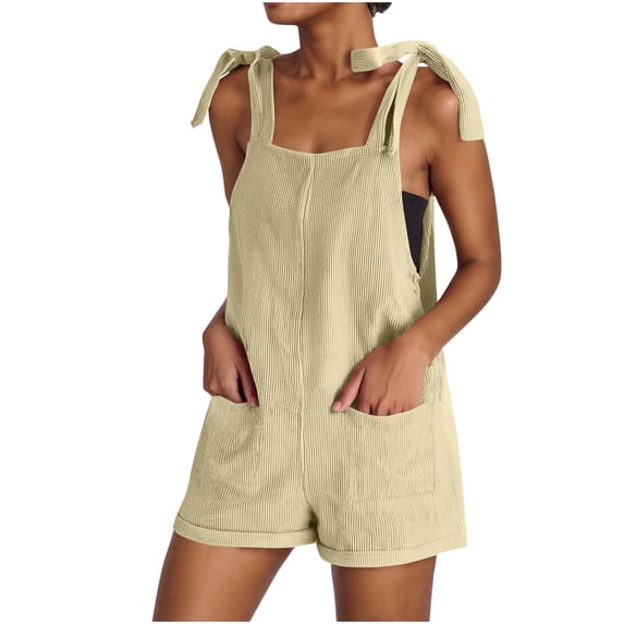 Ecqkame Women's Summer Short Jumpsuit Casual Sleeveless Solid Color Rompers Loose Adjustable Jumpsuit with Pockets 01-Beige 01-01-Beige