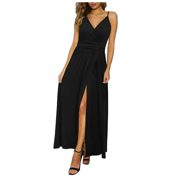 Ecqkame Women's Summer Slip Long Dress Casual Sleeveless Sexy V Neck Spaghetti Straps Loose Dress Solid Color Cami Beach Dresses with Pocket Black L