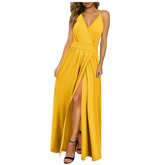 Ecqkame Women's Summer Slip Long Dress Casual Sleeveless Sexy V Neck Spaghetti Straps Loose Dress Solid Color Cami Beach Dresses with Pocket Yellow XXL