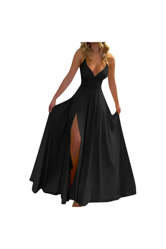 Women's Summer Slip Dress Sexy Spaghetti Straps V Neck Sleeveless Camisole Dress High Side Split Solid Color Long Dress 01-Black M