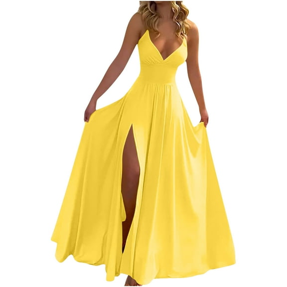 Ecqkame Women's Summer Slip Dress Sexy Spaghetti Straps V Neck Sleeveless Camisole Dress High Side Split Solid Color Long Dress 01-Yellow L