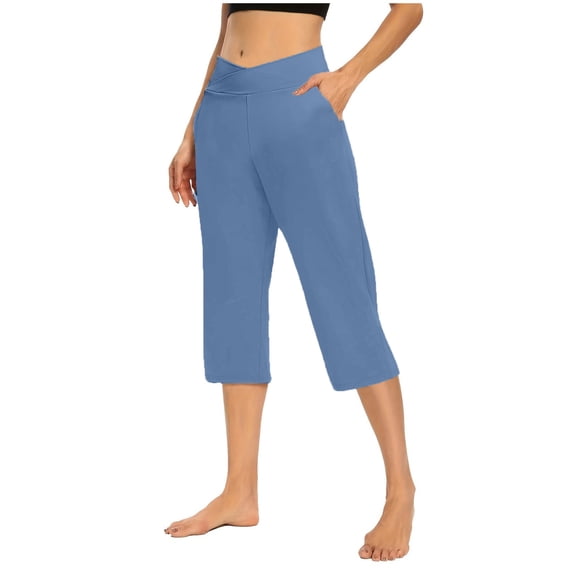 Ecqkame Women's Summer Solid Color Shorts Elastic Waist Pocket Pants Casual Stretchy Stylish Loose Capris Pants Blue XXL