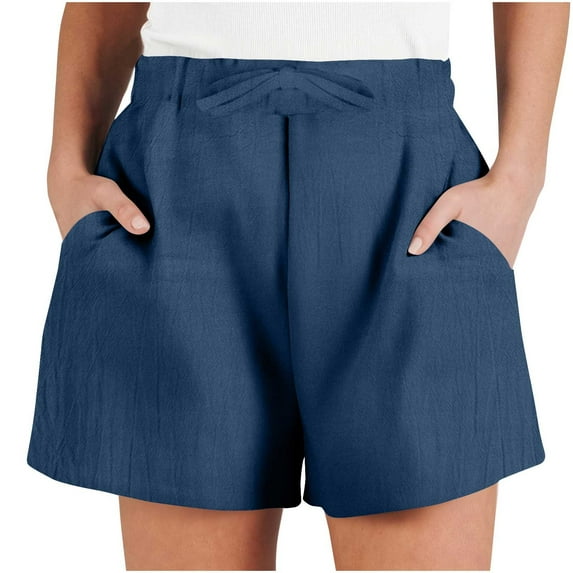 Ecqkame Women's Summer Sports Shorts Casual Comfy Elastic Waist Drawstring Running Short Lightweight Solid Color High Waist Athletic Shorts with Pockets 03-Navy M