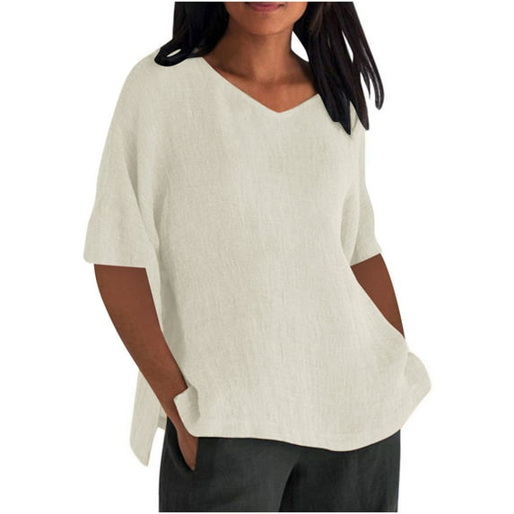 Ecqkame Women's Summer Tops Elbow-Length Sleeve V Neck Loose Tshirts Casual Side Split Solid Color Trendy Basic Loose Tops 01-Beige M