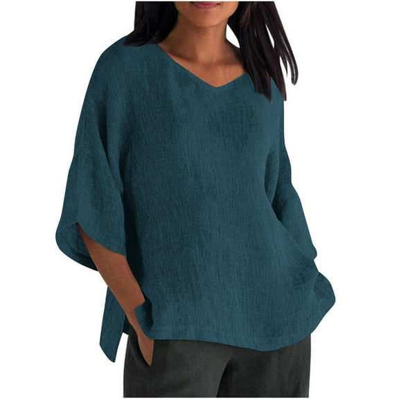 Ecqkame Women's Summer Tops Elbow-Length Sleeve V Neck Loose Tshirts Casual Side Split Solid Color Trendy Basic Loose Tops 02-Navy XXL