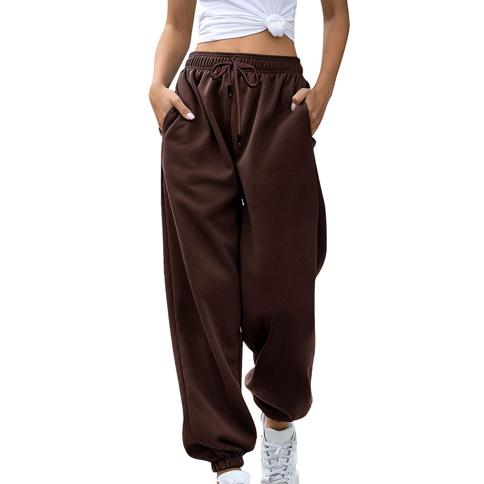 Ecqkame Women's Sweatpants Clearance Women's Fashion Casual Solid Elastic  Waist Trousers Long Straight Pants Red XL 