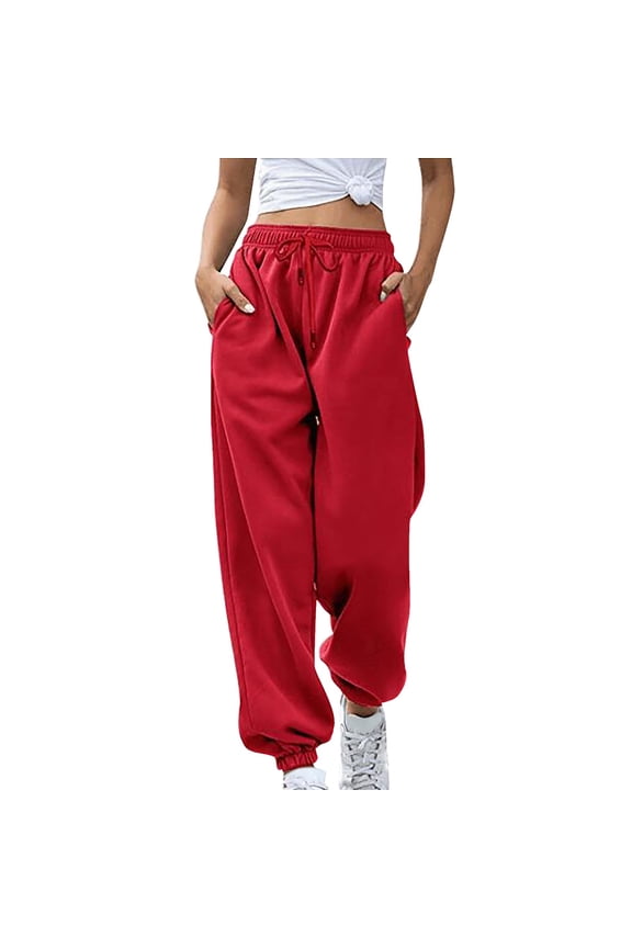 Women's Sweatpants Women's Fashion Casual Solid Elastic Waist Trousers Long Straight Pants Red M