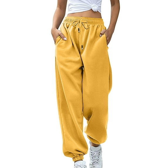 Ecqkame Women's Sweatpants Women's Fashion Casual Solid Elastic Waist Trousers Long Straight Pants Yellow XL