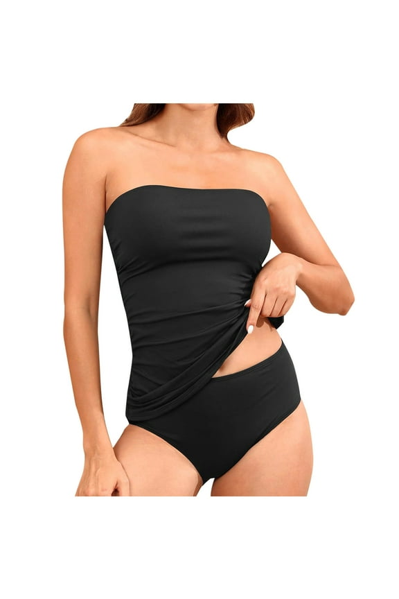 Women's Swimsuits Tummy Control Off Shoulder Solid Color Swimwear Vintage Conservative Casual Beach Tankini Set Black L