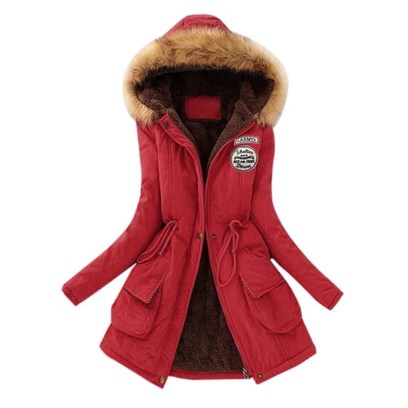 Ecqkame Women's Thicken Fleece Lined Parka Winter Coat Clearance Winter Womens Warm Coat Hooded Jacket Slim Winter Outwear Red L