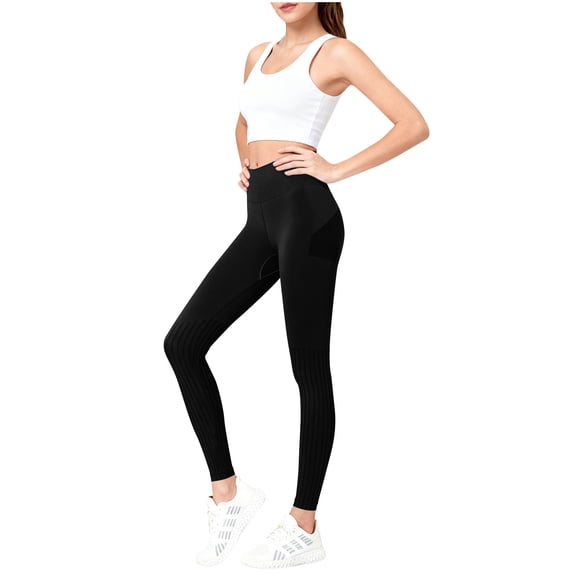 Ecqkame Women's Tight Pants Textured Pit Striped High Waisted Hip Lifting Yoga Pant Fitness External Wear Leggings Black S