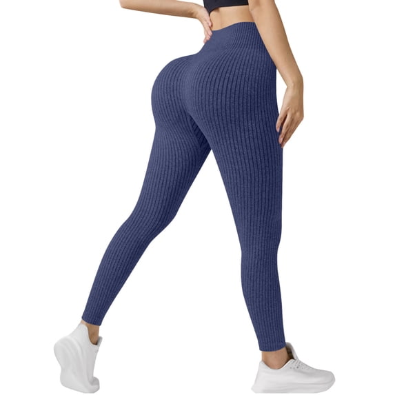 Ecqkame Women's Tight Pants Textured Pit Striped High Waisted Hip Lifting Yoga Pant Fitness External Wear Leggings Blue XS