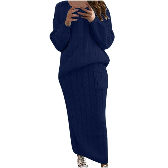 Ecqkame Women's Two Piece Sweater Skirt Sets Solid Color Round Neck Long Sleeve Cable Knitted Warm Two-Piece Skirt Sweater Suit Set Navy L