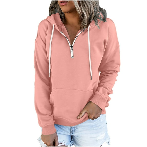 Ecqkame Women's V Neck Hoodies Loose Casual Solid Color Long Sleeve Pullover Sweatshirt Womens Oversized Hoodies Pink L on Clearance