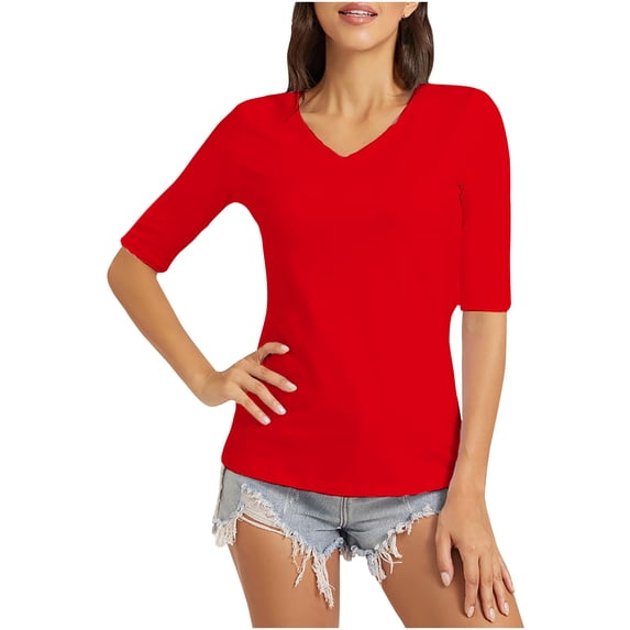 Ecqkame Women's V Neck T Shirts Casual Short Sleeve Solid Color Summer Tops Loose Breathable Outdoor Tops Red XXXL