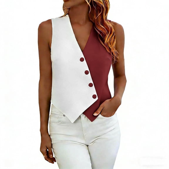Ecqkame Women's Vest Tops Trendy V Neck Sleeveless Button Down Color Block Top Work Office Business Blazer Suit Vests Wine XL