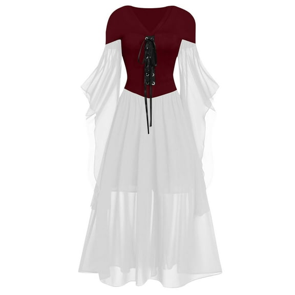 Ecqkame Women's Vintage Gothic DressesWomen Plus Size Cold Shoulder Sleeve Lace Up Halloween Dress Gothic Party Dresses White L