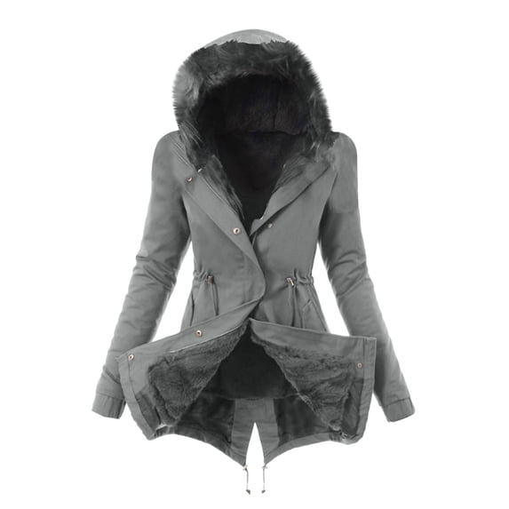 Ecqkame Women's Warm Parka Jacket Winter Snow Coat Ladies Lining Coat Winter Warm Thick Mid Long Jacket Hooded Overcoat Dark Gray 2XL