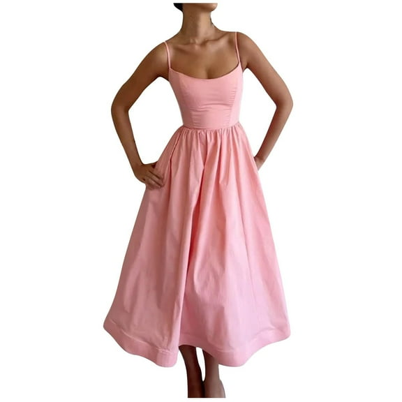 Ecqkame Women's Wedding Guest Dress Solid Color Sexy Slip Party Dress Tummy Control Pleated Suspender Large Hem Dress 01-Pink S