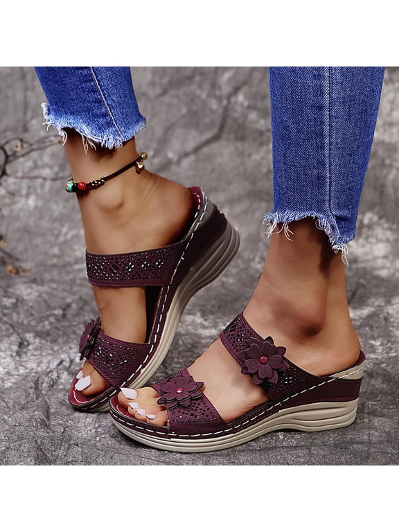 Women's Wedges Slippers Summer Retro Casual Flowers High-heeled Flat-bottomed Ladies Wedge Slippers Purple 36