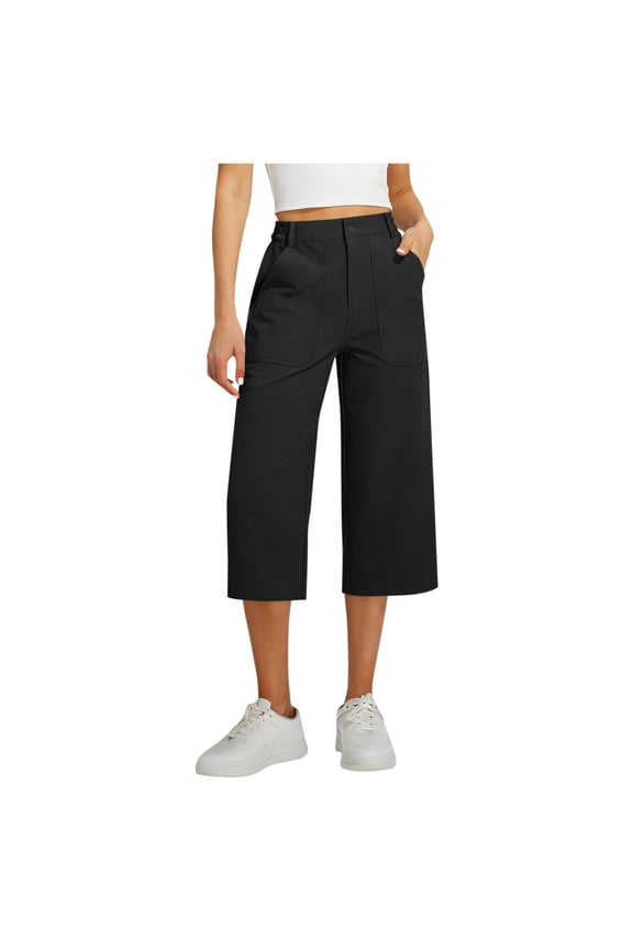 Women's Wide Leg Business Capri Casual Lightweight Work Travel Hiking Walking Pants Zipper Button Pant with Pockets Black S