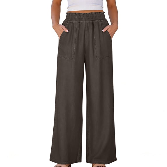Ecqkame Women's Wide Leg Jeans Elastic Waist Dual Pockets Imitation Denim Long Pant Loose Casual Trendy Daily Versatile Trousers Brown S