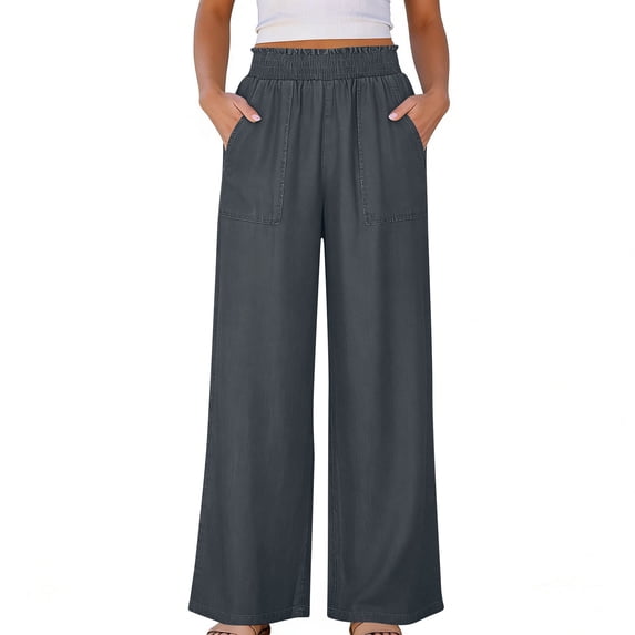 Ecqkame Women's Wide Leg Jeans Elastic Waist Dual Pockets Imitation Denim Long Pant Loose Casual Trendy Daily Versatile Trousers Dark Gray XL