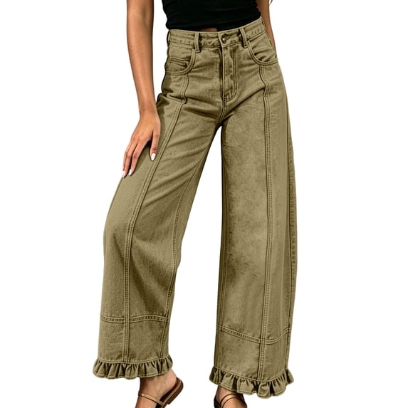 Ecqkame Women's Wide Leg Jeans Ruffled Hem High Waist Baggy Denim Long Pants Casual Trendy Daily Versatile Trousers with Pockets Coffee XXL