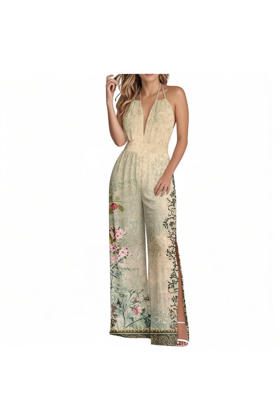 Women's Wide Leg Jumpsuit Loose Elastic High Waisted Split Backless Jumpsuit Sleeveless Sexy Spaghetti Straps Jumpsuit with Pockets Beige