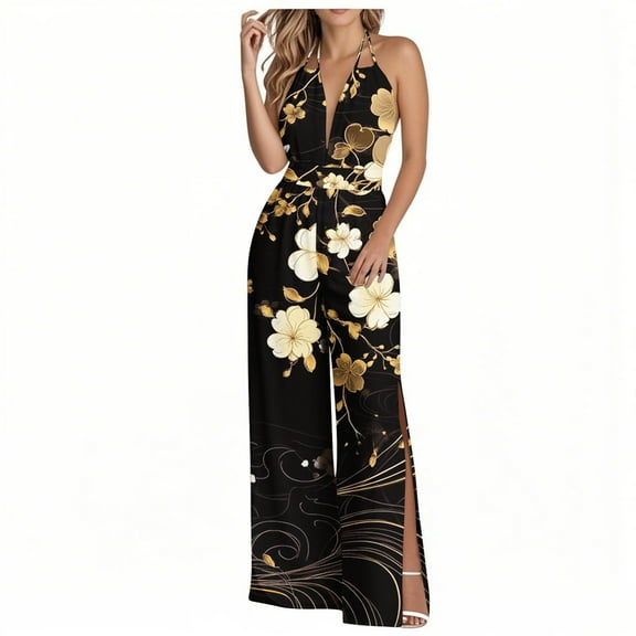 Ecqkame Women's Wide Leg Jumpsuit Loose Elastic High Waisted Split Backless Jumpsuit Sleeveless Sexy Spaghetti Straps Jumpsuit with Pockets Black