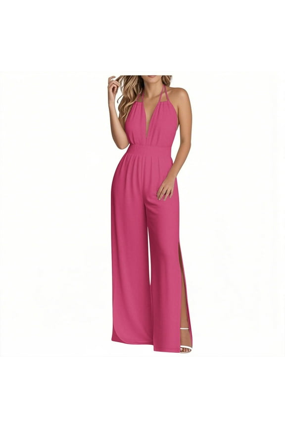 Women's Wide Leg Jumpsuit Loose Elastic High Waisted Split Backless Jumpsuit Sleeveless Sexy Spaghetti Straps Jumpsuit with Pockets Hot Pink