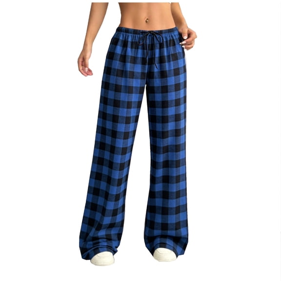 Ecqkame Women's Wide Leg Pants Fashion Loose Casual Plaid Patchwork Comfortable Elastic Waist Home Sleepwear Trousers Blue L