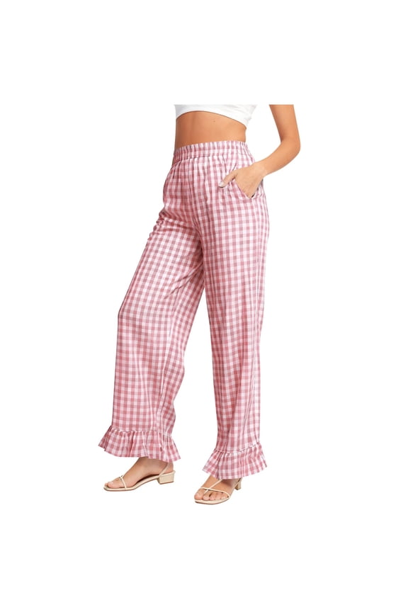 Women's Wide Leg Pants Fashion Loose Casual Plaid Patchwork Comfortable Elastic Waist Home Sleepwear Trousers Hot Pink M