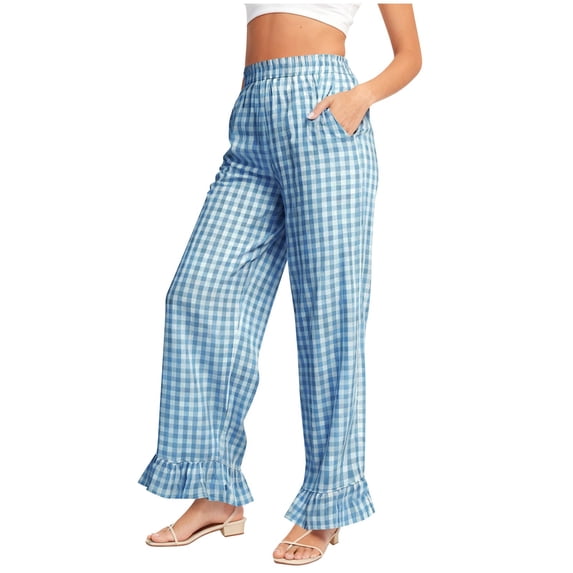 Ecqkame Women's Wide Leg Pants Fashion Loose Casual Plaid Patchwork Comfortable Elastic Waist Home Sleepwear Trousers Light Blue L