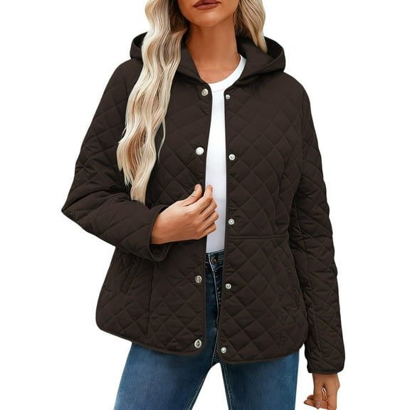 Ecqkame Women's Winter Warm Jackets Solid Color Puffer Lightweight Coats Long Sleeve Padded Hooded Outerwear with Pockets Brown XL