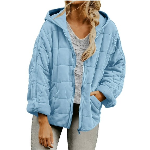 Ecqkame Women's Winter Warm Jackets Solid Color Zip Puffer Lightweight Coats Long Sleeve Padded Hooded Outerwear with Pockets Light Blue XXL