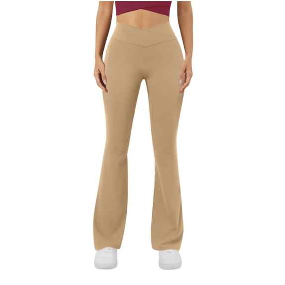 Ecqkame Women's Yoga Pants Fashion Solid Color Elastic Waist Long Pants Wide Leg Breathable Sports Pockets Trousers Khaki S