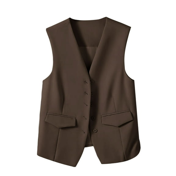 Ecqkame Women's formal Business Dress Suits Button Up Waistcoat Button Up Sleeveless V Neck Solid Color Jacket Coffee S