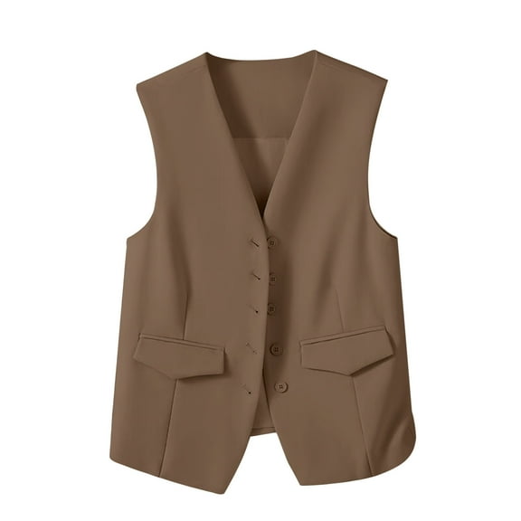 Ecqkame Women's formal Business Dress Suits Button Up Waistcoat Button Up Sleeveless V Neck Solid Color Jacket Khaki XL
